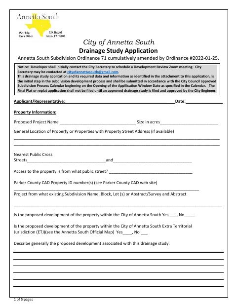 First page of the Drainage Study Application