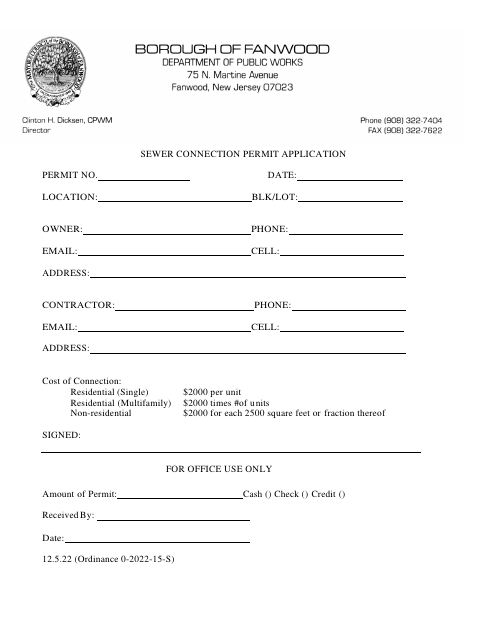First page of the Sewer Connection Permit Application