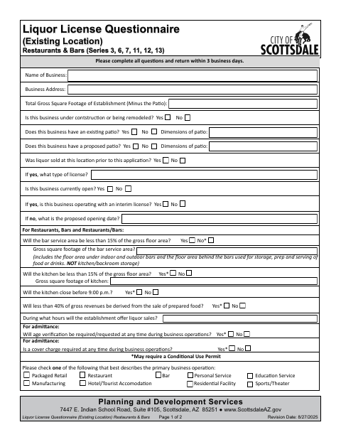 First page of the Liquor License Questionnaire (Existing Location) Restaurants & Bars