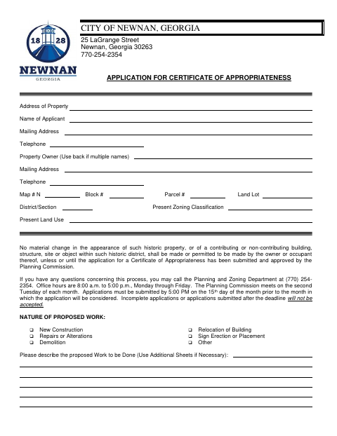 First page of the Application for Certificate of Appropriateness