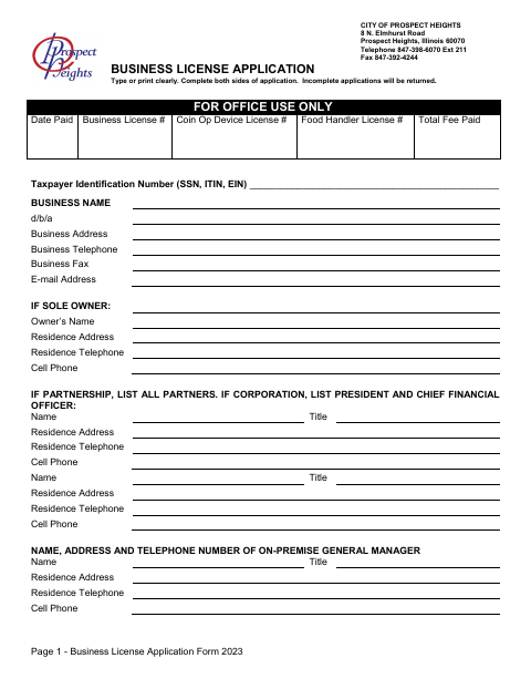 First page of the Business License Application
