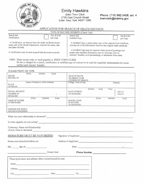 First page of the Application for Search of Death Records