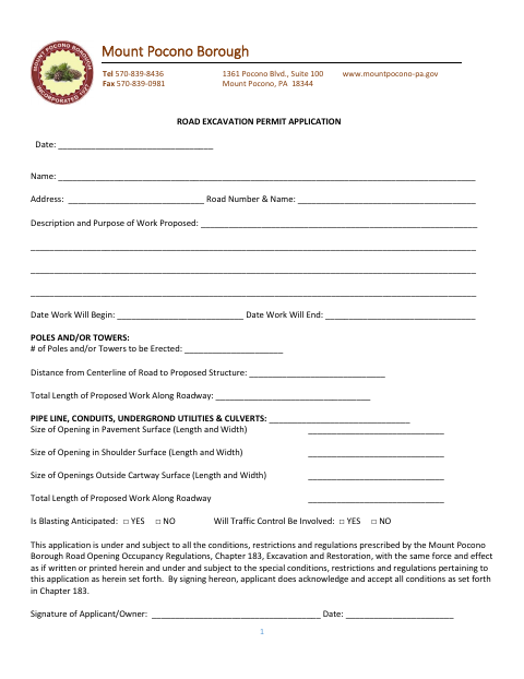 First page of the Road Excavation Permit Application
