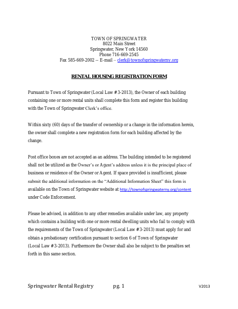 First page of the Rental Housing Registration Form
