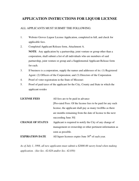First page of the Liquor License Application