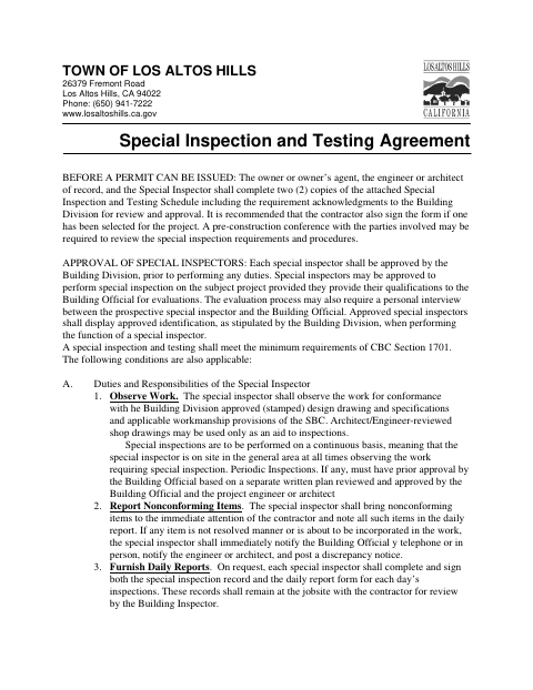 First page of the Special Inspection and Testing Agreement