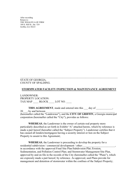 First page of the Stormwater Facility Inspection and Maintenance Agreement