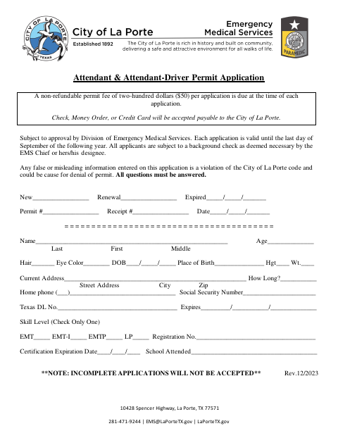 First page of the Attendant & Attendant-Driver Permit Application