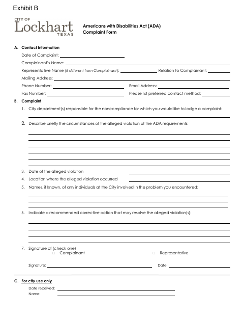 First page of the Americans with Disabilities Act (ADA) Complaint Form