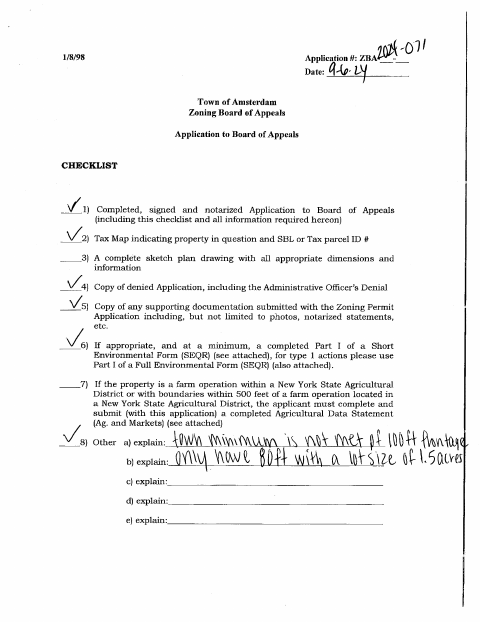First page of the Zoning Board of Appeals Variance Application