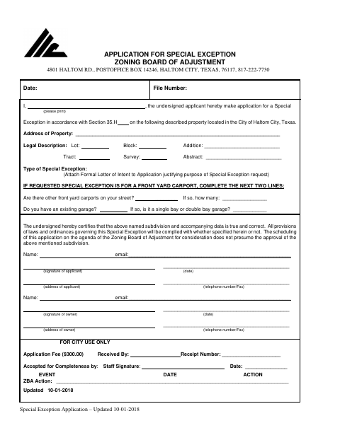 First page of the Application for Special Exception