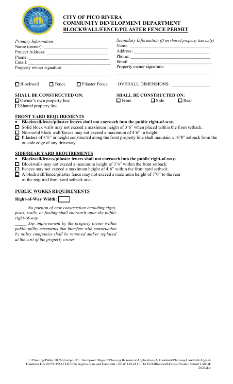 First page of the Blockwall/Fence/Pilaster Fence Permit