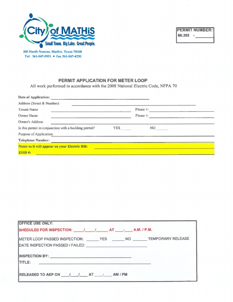 First page of the Meter Loop Permit Application