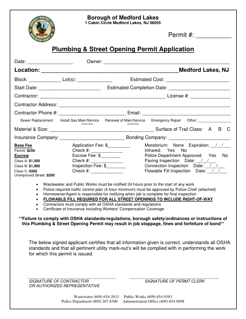 First page of the Plumbing & Street Opening Permit Application
