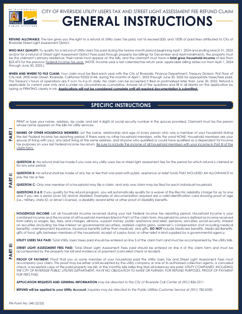 First page of the 2025 Utility Users Tax and Street Lighting Assessment Fees Refund Claim