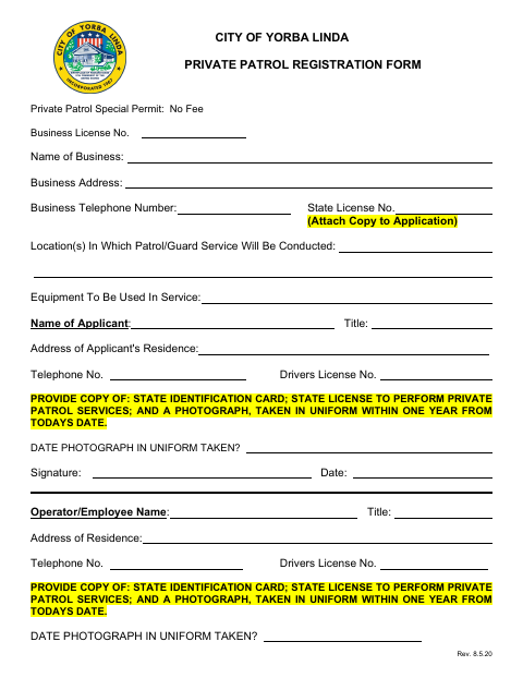 First page of the Private Patrol Registration Form