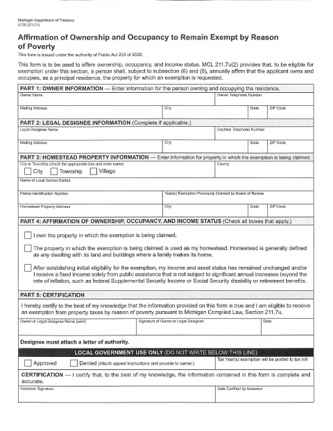 First page of the Affirmation of Ownership and Occupancy to Remain Exempt by Reason of Poverty