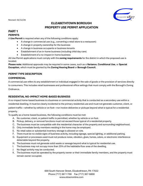 First page of the Property Use Permit Application