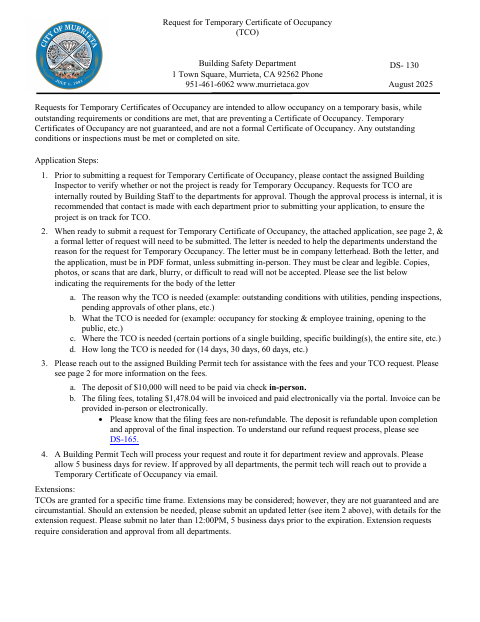 First page of the Request for Temporary Certificate of Occupancy