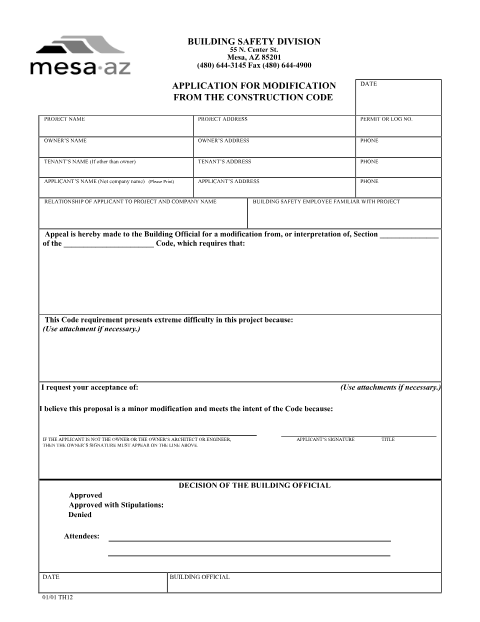 First page of the Code Modification Application