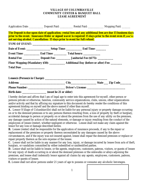 First page of the Community Center & Banquet Hall Lease Agreement