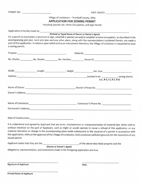 First page of the Application for Zoning Permit
