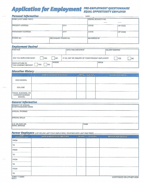 First page of the Employment Application