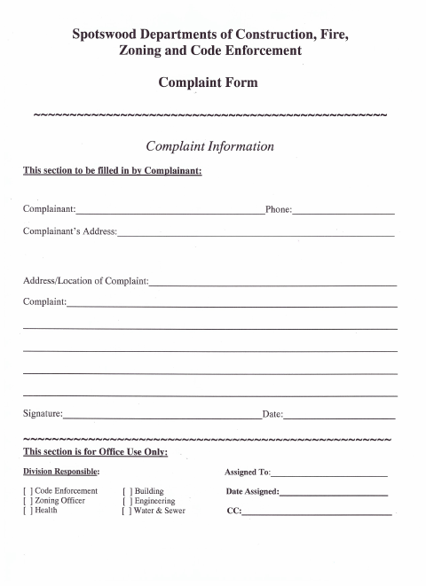 First page of the Construction, Fire, Zoning and Code Enforcement Complaint Form