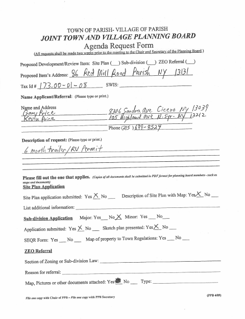 First page of the RV Permit Application