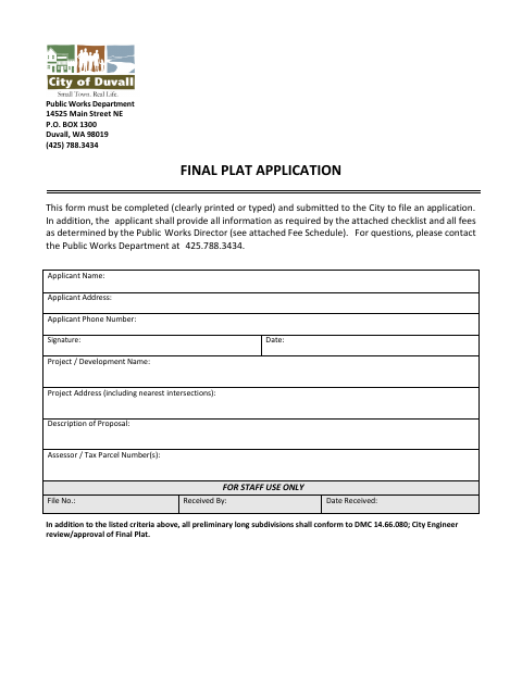 First page of the Final Plat Application