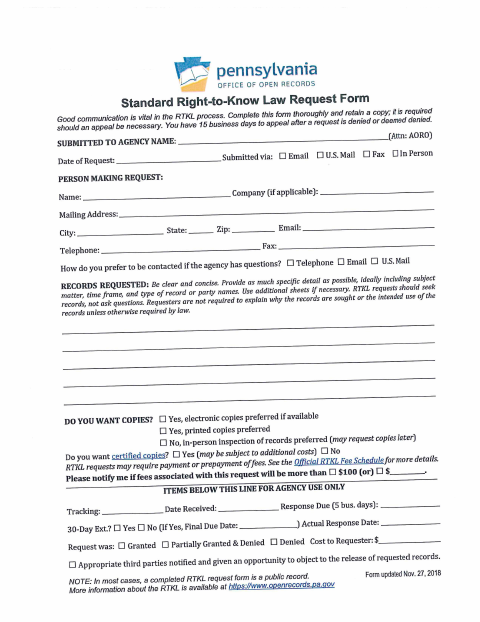 First page of the Standard Right-to-Know Law Request Form