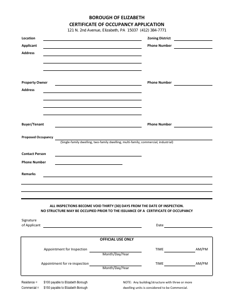 First page of the Certificate of Occupancy Application