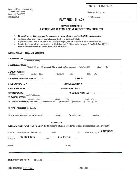 First page of the Out-of-Town Business License Application