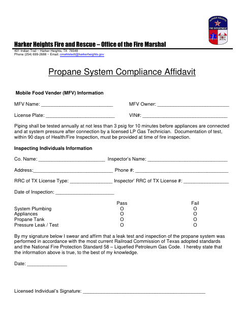 First page of the Propane System Compliance Affidavit