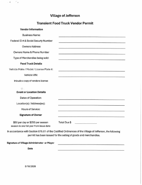 First page of the Transient Food Truck Vendor Permit