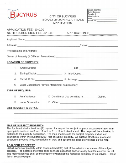 First page of the Board of Zoning Appeals Application