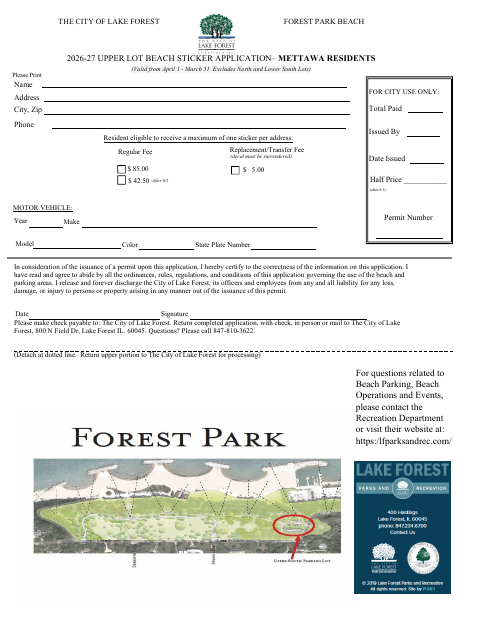 First page of the Upper Lot Beach Sticker Application – Mettawa Residents