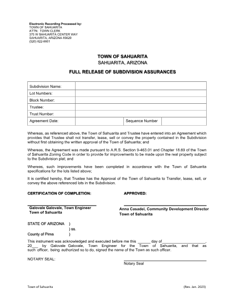 First page of the Full Release of Subdivision Assurances