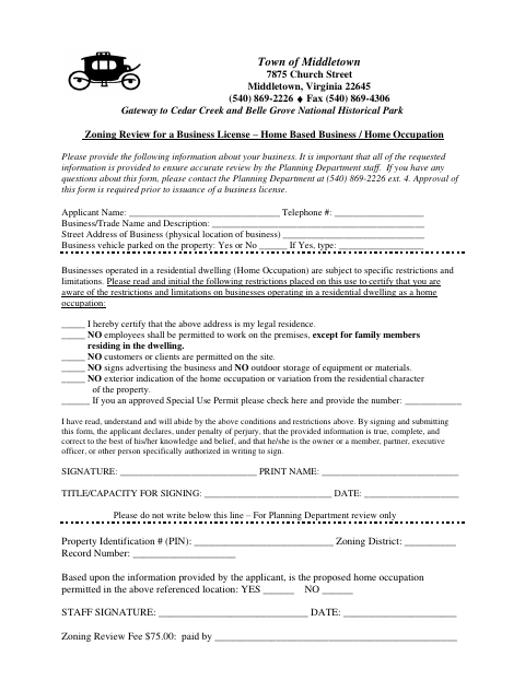 First page of the Zoning Review for a Business License – Home Based Business / Home Occupation