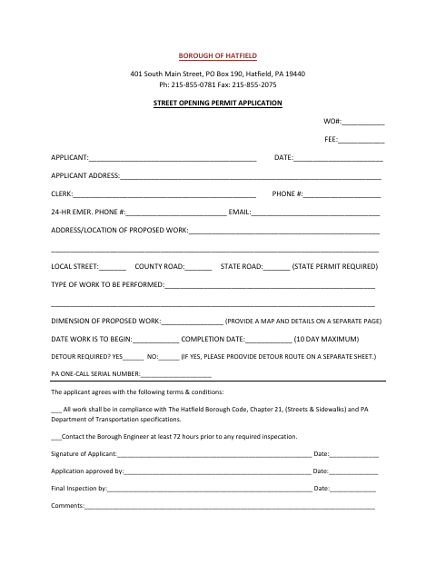 First page of the Street Opening Permit Application
