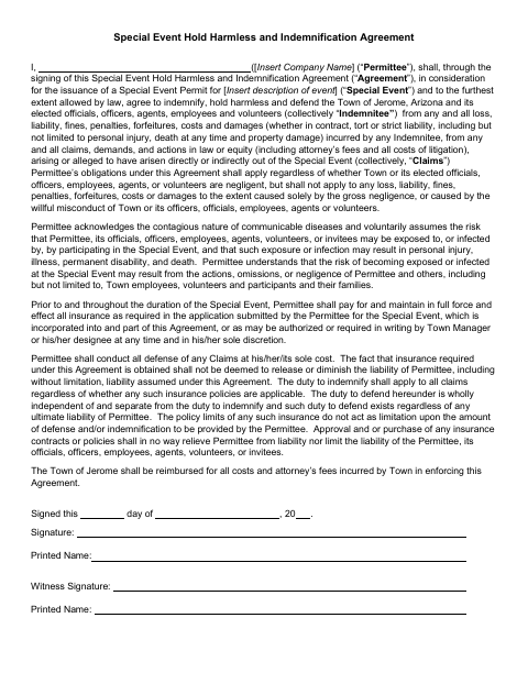 First page of the Special Event Hold Harmless and Indemnification Agreement