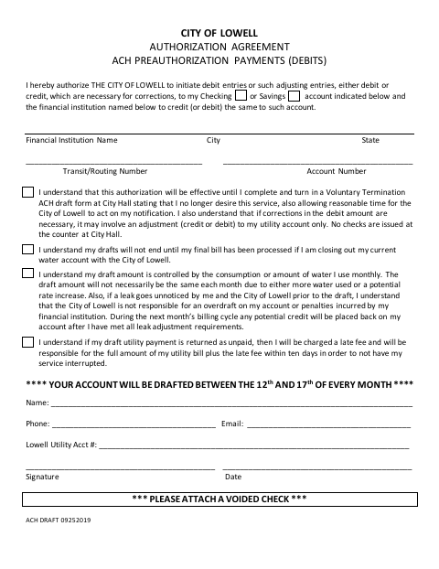 First page of the ACH Authorization Form