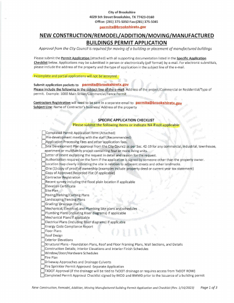 First page of the New Construction, Remodel, Addition, Moving, and Manufactured Building Permit Application