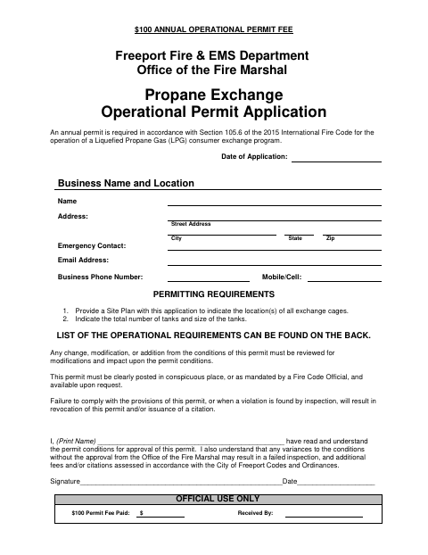 First page of the Propane Exchange Operational Permit Application
