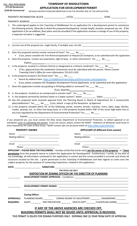 First page of the Application for Development Permit