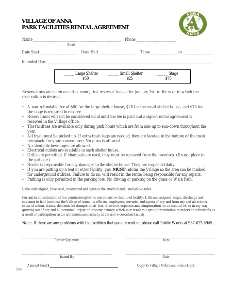 First page of the Park Facilities Rental Agreement