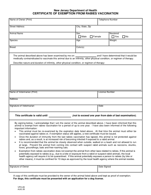 First page of the Certificate of Exemption From Rabies Vaccination