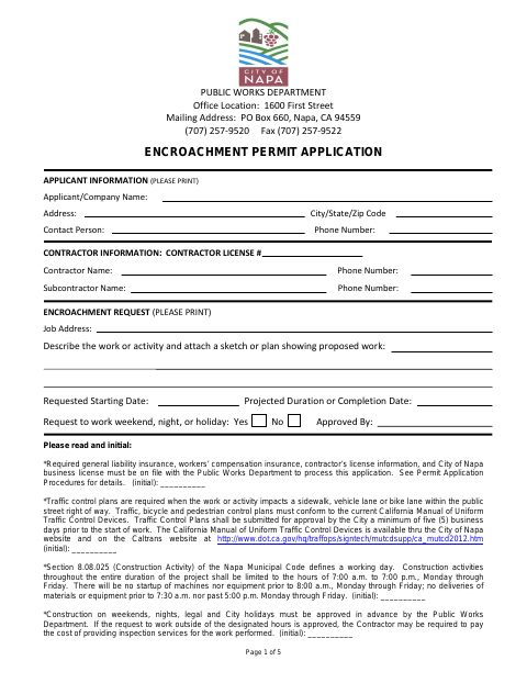 First page of the Encroachment Permit Application