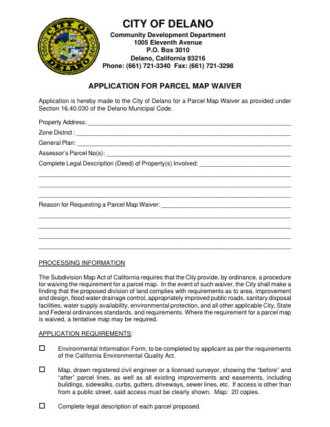 First page of the Application for Parcel Map Waiver