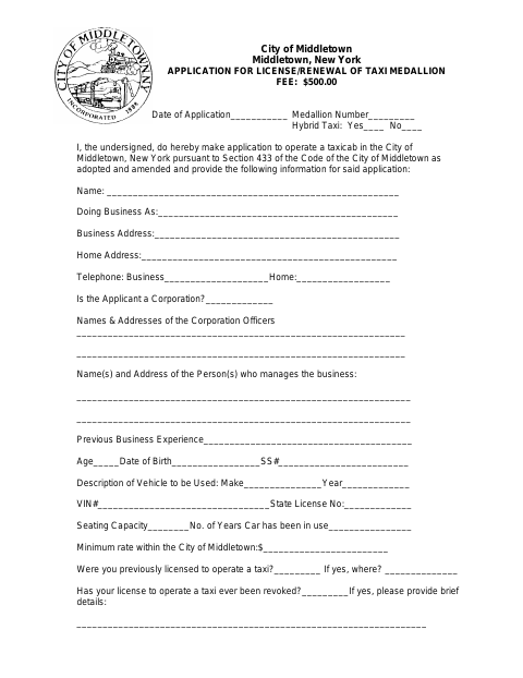 First page of the Taxi Medallion Application and Renewal